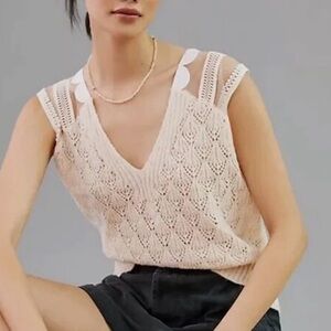Maeve by Anthropology Cream Pointelle Knit Sweater Vest Sheer Shoulder OS